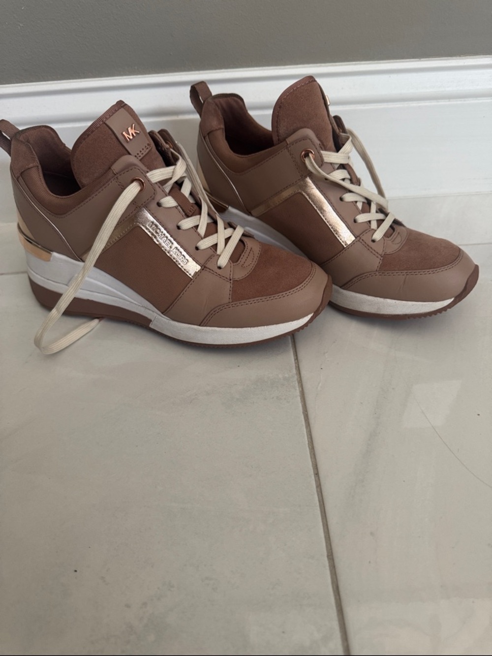 Michael Kors Tan Brown Wedge Sneakers with Rose Gold Trim